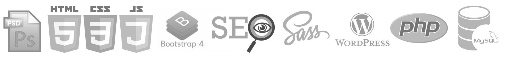PSD, HTML, CSS, Bootstrap 4, SEO, Sass, WordPress, PHP, MySQL